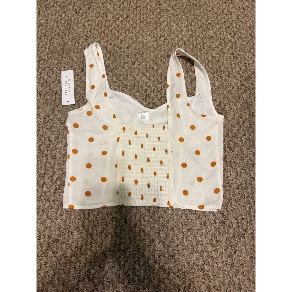 KIRIOUS | NEW Linen Blend Orange Polka Dot Cropped Tank/Skirt Pleated Set - Picture 4 of 12